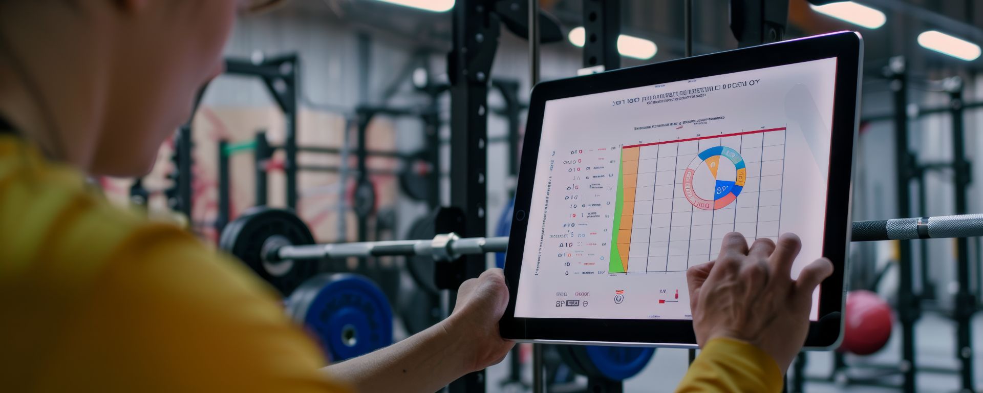 Person analysiert Fitnessdaten auf einem Tablet im Studio